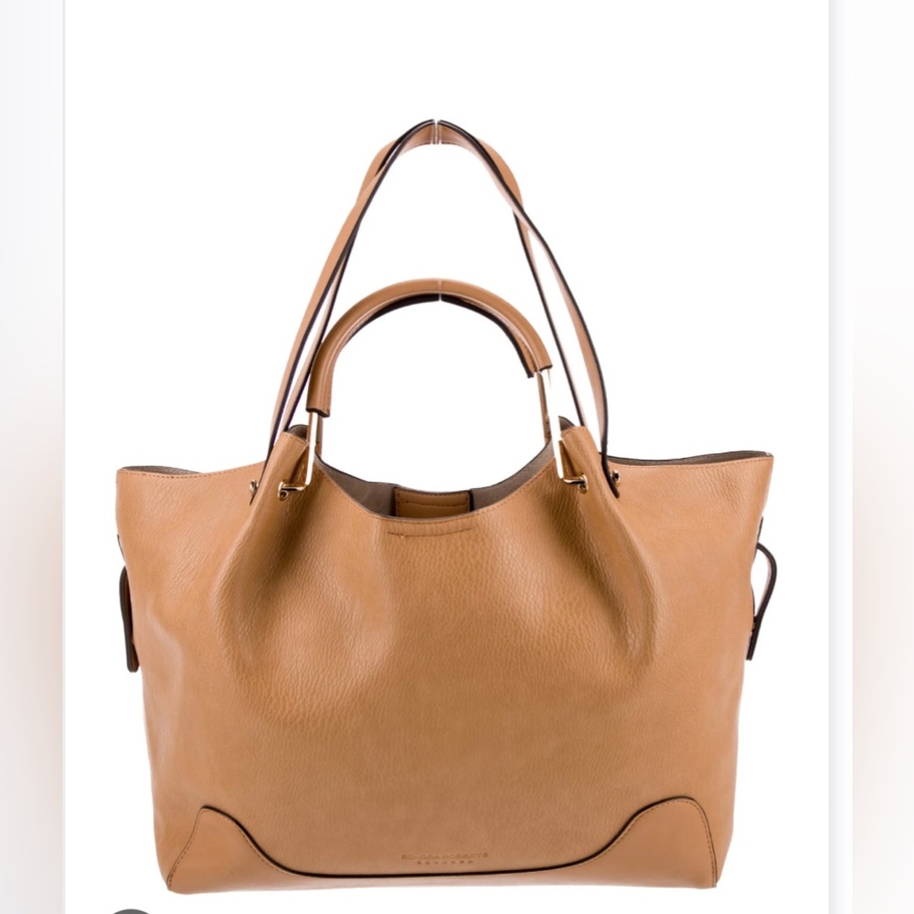 Sondra Roberts Tan Pebbled Leather Tote Satchel Bag Structured gold accents
